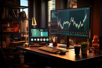 Computer monitor with stock market chart on the table. 3d rendering