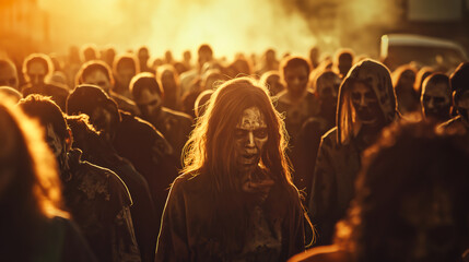 Hordes of undead, Zombie walking in the abandoned town, Beginning of the zombie apocalypse, Zombie crowd walking	