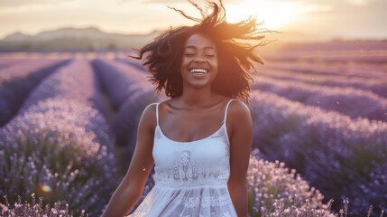 Joyful african woman in white attire poses in lavender field with flowing hair at sunset