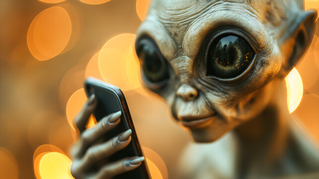 Extraterrestrial alien using smart phone, Mysterious alien holding smartphone

