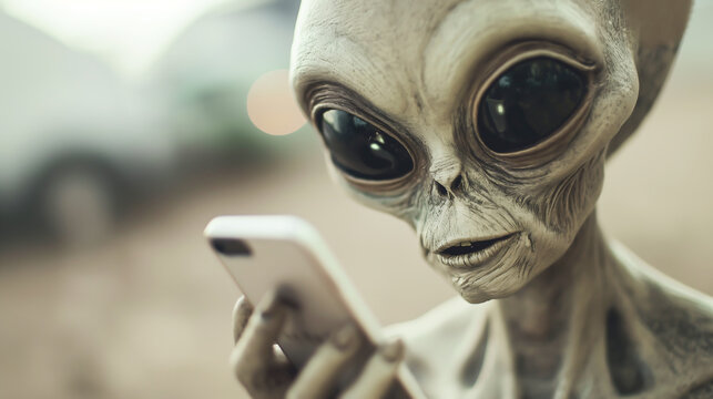 Extraterrestrial alien using smart phone, Mysterious alien holding smartphone
