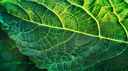 This close-up image showcases the rich texture of a green leaf, with vibrant colors and intricate veins standing out against a natural background. The detailed veins create a mesmerizing pattern