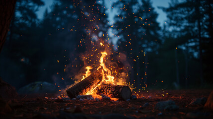 A vibrant campfire burns with rising sparks in a dark forest at dusk, creating a mesmerizing and warm outdoor scene.
