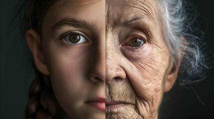 Young and old in a single face of the same person as a girl and grandmother, An aging portrait of time. Half girl face and half grandmother face, A Striking Composite