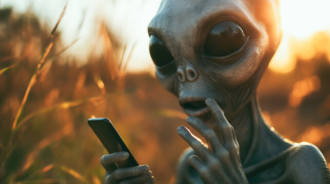 Extraterrestrial alien using smart phone, Mysterious alien holding smartphone
