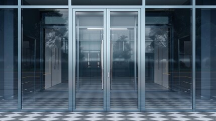 Modern realistic mockup of closed glass doors with metal frame and handles. Store, mall, or office entrance with glass gate.