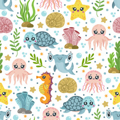 Wild sea life seamless vector pattern. Ocean animals-baby shark, cute turtle, funny jellyfish, seahorse, starfish, octopus. Underwater pets among seaweed, shells, corals. Hand drawn marine background