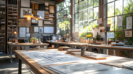 An architectural design studio, with drafting tables and sketches as the background, during an open house event