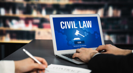 Civil law savvy information showing on laptop computer screen for Common Justice Legal Regulation...