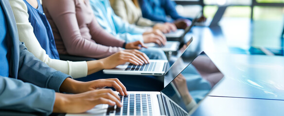Fototapeta premium A group of business people sitting in a row, diligently working on their laptops.