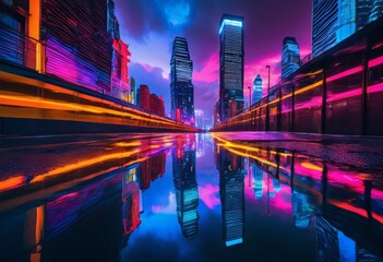 Fototapeta premium urban puddles reflecting cityscape after rainfall, reflection, water, building, street, sidewalk, architecture, wet, pavement, sky, downtown, glass, modern