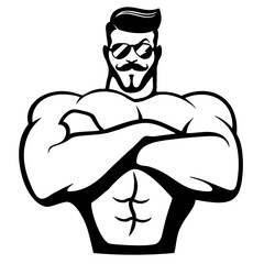 Cartoon muscular hipster bodybuilder in sunglasses, vector, logo, cartoon, illustration, mascot, character