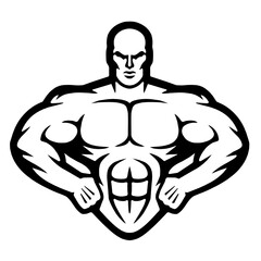 muscular torso of a bodybuilder with strong arms at the waist, vector, logo, cartoon, illustration, mascot, character