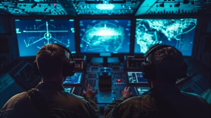 Two pilots in a cockpit with futuristic displays and glowing blue screens at night.