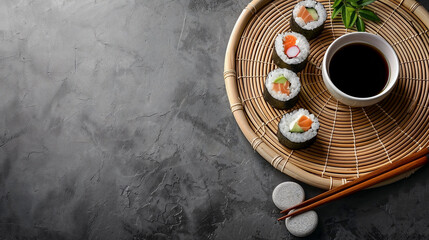 Elegant sushi arrangement on a bamboo mat with soy sauce and chopsticks. - Powered by Adobe