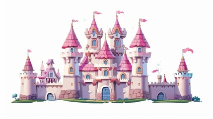 The castle of a fairy princess in pink, a cartoon modern illustration isolated on white