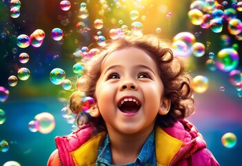 illustration, cheerful child engaging bubbles playful portrait, playing, joy, happiness, innocence, fun, activity, childhood, cute, smiling, little, young - obrazy, fototapety, plakaty