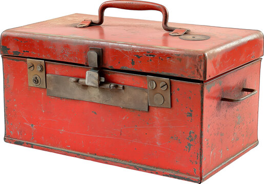 Old red metal toolbox isolated.