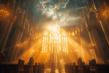 "Choir of angels singing in heaven, grand architecture, front view, radiant morning light, peaceful atmosphere