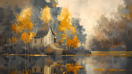 house trees scene and lake reflection poster background