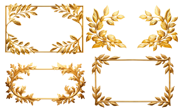Set of elegant golden frames adorned with golden leaves, cut out