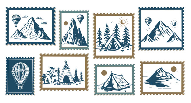 Camping set, stamp, Mountain landscape, hand drawn style, vector illustration.	
