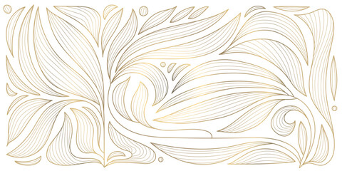Fototapeta na wymiar Vector art deco line gold pattern, luxury leaf floral texture, nouveau background. Modern design, jungle ornament, vintage decor element. Fancy nature illustration on white.
