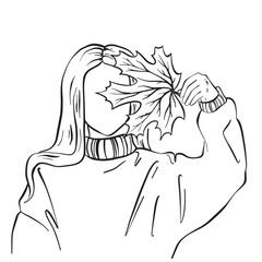 A drawing of a woman standing and holding a leaf in her hand. The womans features are detailed, and the leaf is large and intricately designed.