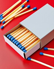 Vertica blank white cardboard matchbox packaging unbranded with blue color match tips on a red backdrop
