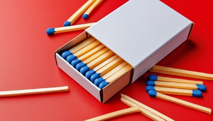 Blank white cardboard matchbox packaging unbranded with blue color match tips on a red backdrop