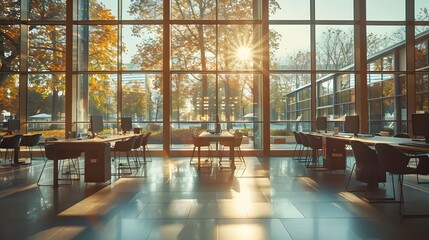 Modern office space with large windows, desks and chairs arranged in an open layout. The room is well lit by daylight coming through the glass walls.