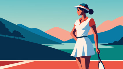 Vintage Style Female Tennis Player on Court with Mountain Landscape