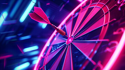 Close-up view of a dart embedded in the bullseye of a dartboard under neon lights.