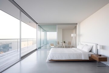 Minimalist Bedroom with White Bed and City View 