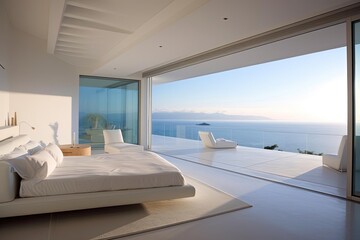 Minimalist Bedroom with Ocean View and White Pillows