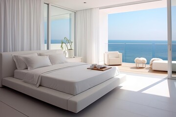 Minimalist Bedroom with White Bed and Ocean View