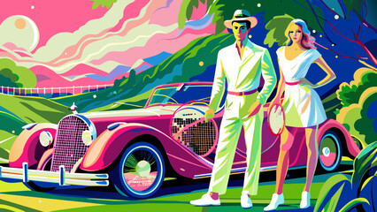 Vibrant Retro Couple Posing with Classic Car in Colorful Landscape