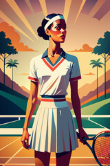 Retro Style Female Tennis Player on a Sunset Court Illustration