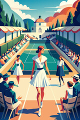 Vintage Tennis Match Illustration with Fashionable Spectators