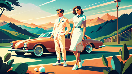 Vintage Elegance: Stylish Couple with Classic Car in Retro Mountain Landscape