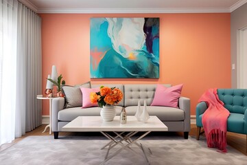 Colorful Abstract Painting in a Furniture-Filled Living Room - Pop Art Vibes