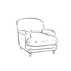 A line drawn illustration of a comfortable chair in black and white. Drawn by hand in a sketchy style and. vectorised for a variety of uses.