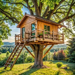 Artistic cottage built on tree with stairs, blending into natural landscape
