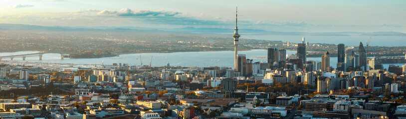 Aerial: Panoramic shot of Auckland city and harbour, New Zealand