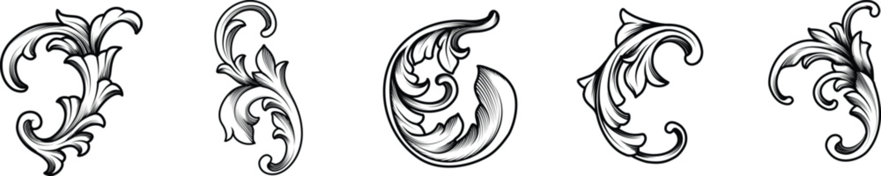 Collection of vector hand drawn flourishes, baroque ornament, swirl, filigree border vintage engraved element for design