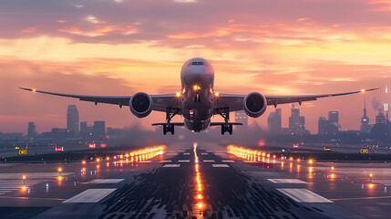 A large jetliner taking off from an airport runway at sunset or dawn with the landing gear down and the landing gear down, as the plane is about to take off