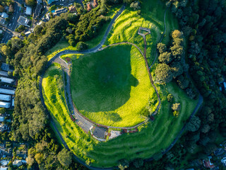 Aerial: mt eden volcano at dusk, Auckland, New Zealand