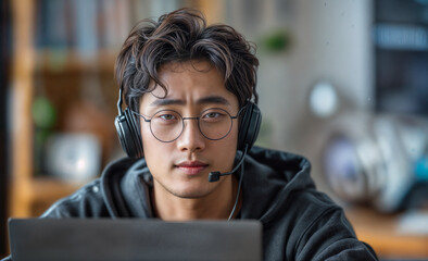 young asian man as a call center operator, unhappy at work, sad,  underpaid and overstressed, 