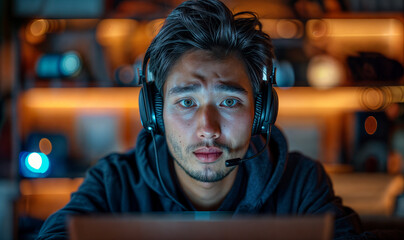 young asian man as a call center operator, unhappy at work, sad,  underpaid and overstressed, 