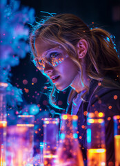 young blonde woman science teacher or student in a chemistry lab doing experiment with colorful smoke around her